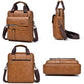 Brown PU leather messenger bag set with multiple angles: front, side, back, and bottom views
