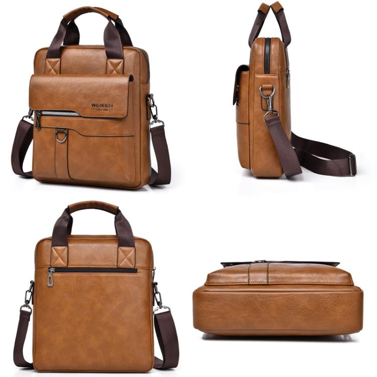 Brown PU leather messenger bag set with multiple angles: front, side, back, and bottom views