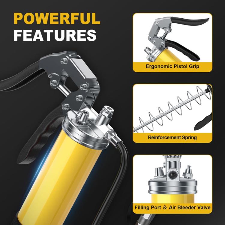 Lubricant filler with ergonomic pistol grip, spring reinforcement, filling port and valve