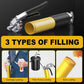 Lubricant filler gun with yellow tube, shown for multiple filling methods