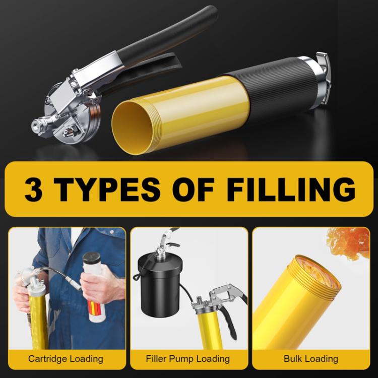 Lubricant filler gun with yellow tube, shown for multiple filling methods