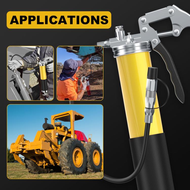 Portable lubricant filler gun with yellow cylinder and flexible hose