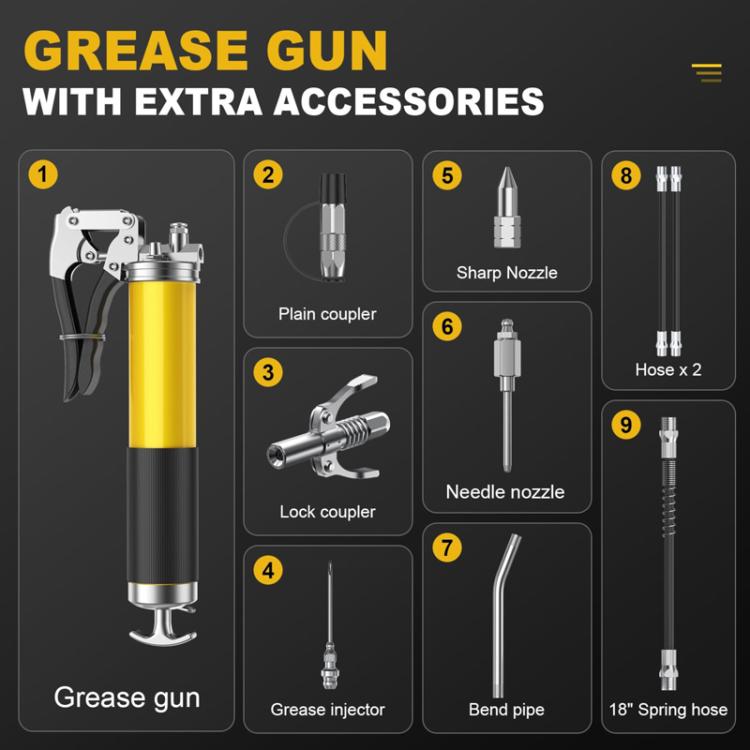 Grease gun kit with extra accessories: nozzles, hoses, and lock coupler