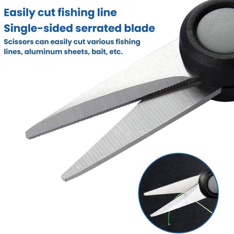 Black and gray scissors featuring a serrated cutting edge for fishing line