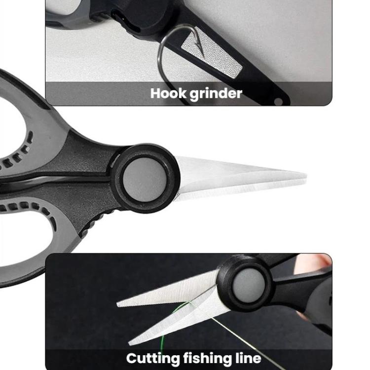 Fishing scissors showing serrated line-cutting tip and hook-grinder end