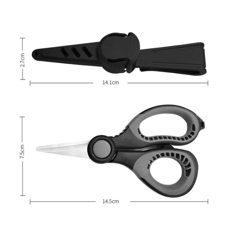 Black and gray fishing line scissors with serrated blade; size view