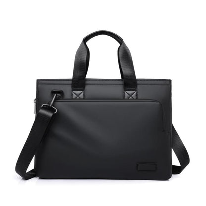 Black expandable men’s laptop briefcase with top handle and crossbody strap