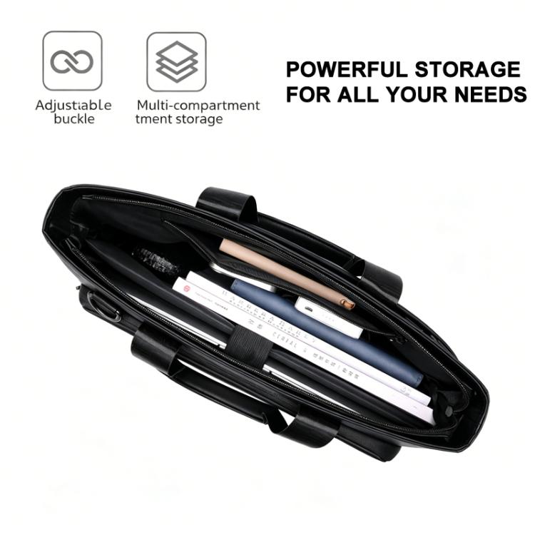 Black laptop briefcase opened to show multiple interior compartments