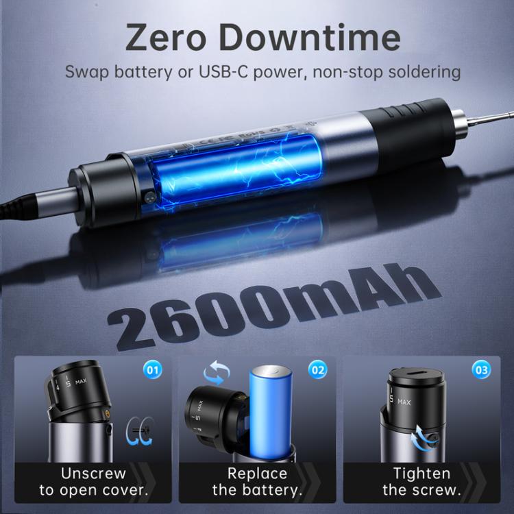 Mini soldering iron with blue indicator window and removable battery cover
