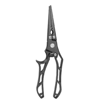 Fishing hook remover pliers with open-loop hook, dark metal, hollow handle.