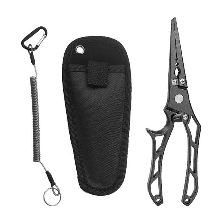 Fishing hook remover pliers with storage pouch, dark metal, hollow handle.