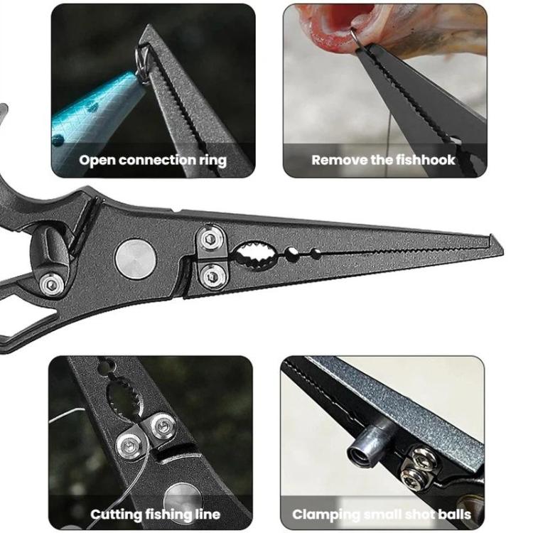 Fishing hook remover pliers with open connection ring and line cutter, dark metal.