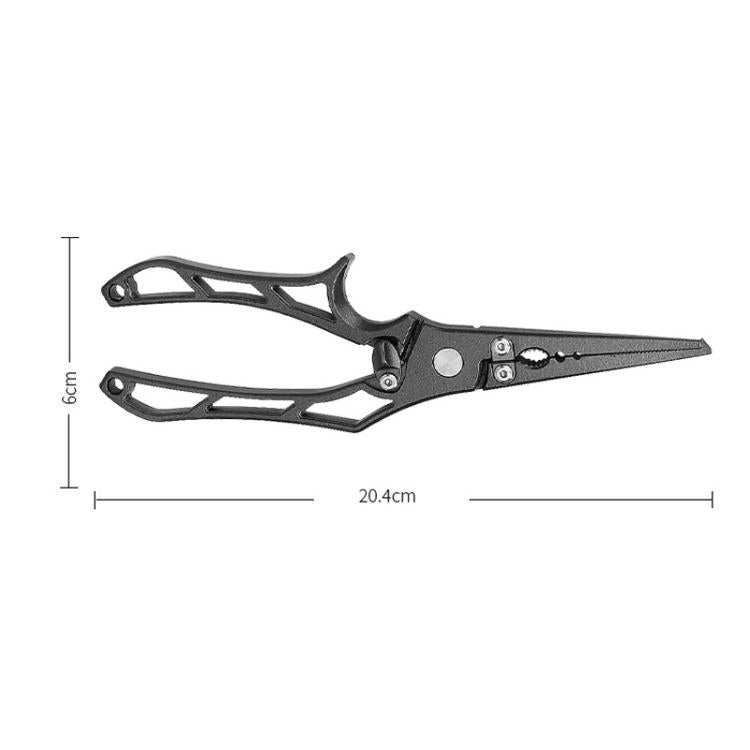 Fishing hook remover pliers, dark metal, 20.4 cm long, open-loop hook.