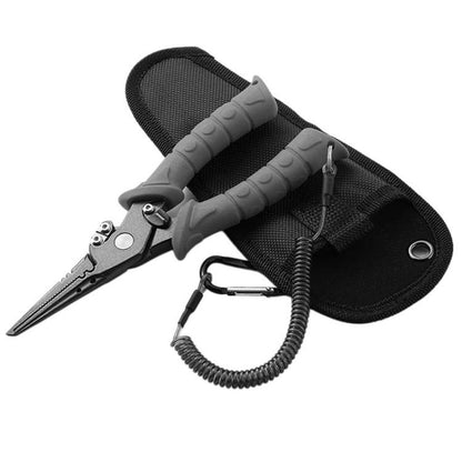 Gray stainless lure pliers with spring lanyard and black storage pouch