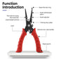 Stainless lure pliers with red non-slip handles and multiple labeled tool points