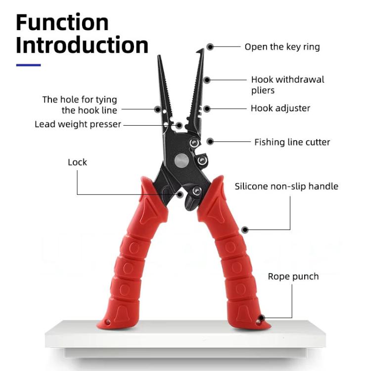 Stainless lure pliers with red non-slip handles and multiple labeled tool points