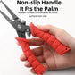 Red non-slip rubber handle lure pliers with textured grip, jaws facing left