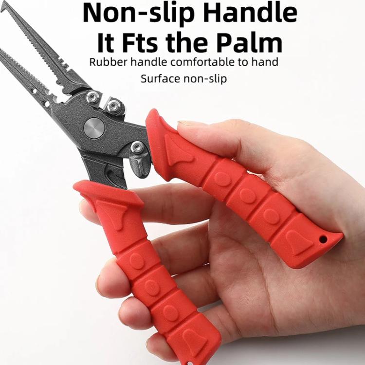 Red non-slip rubber handle lure pliers with textured grip, jaws facing left