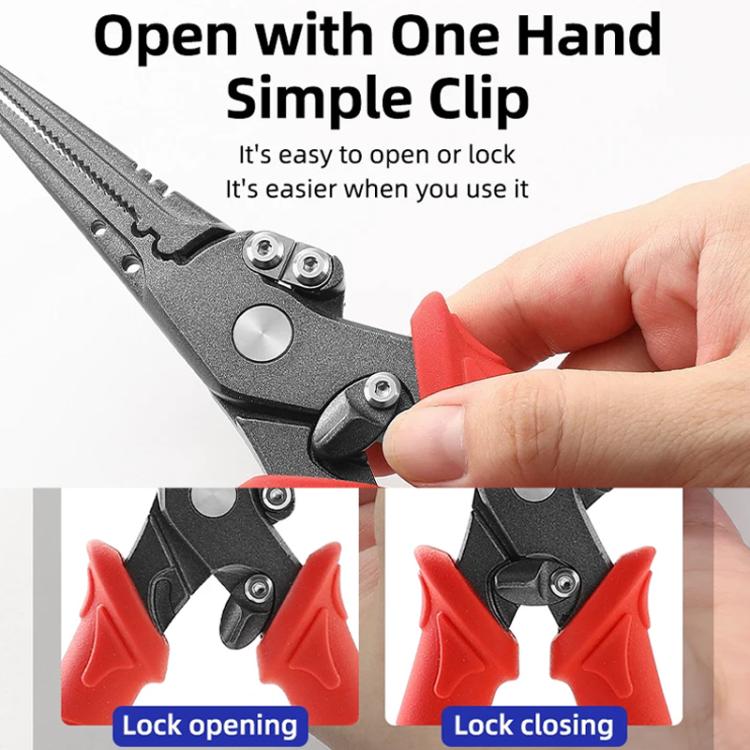 Red-handled lure pliers with lock mechanism, hand pressing clip open