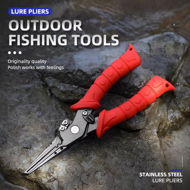 Red-handled stainless lure pliers with pointed jaws for fishing, compact size
