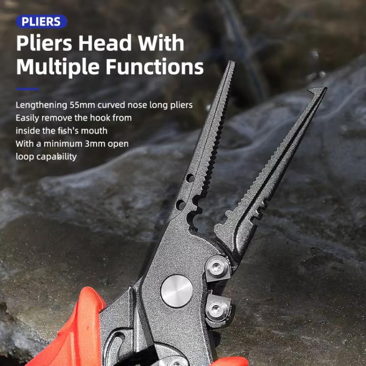 Stainless lure pliers head with long curved nose and serrated gripping jaws