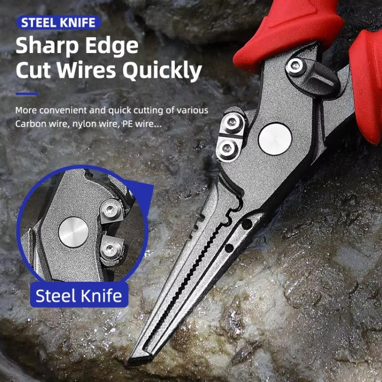 Stainless lure pliers with sharp edge cutting area near the jaw teeth
