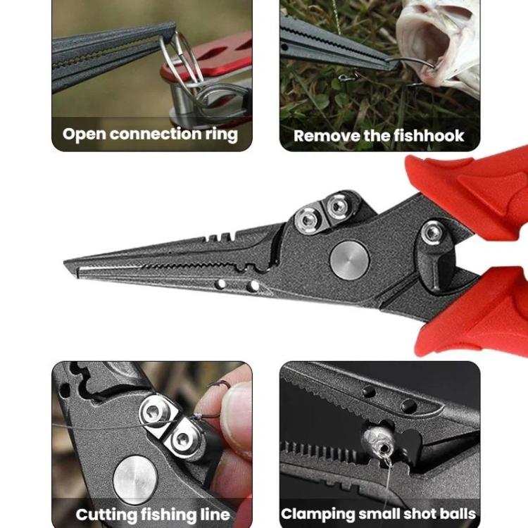Red and gray lure pliers with cutting section and clamping jaw detail