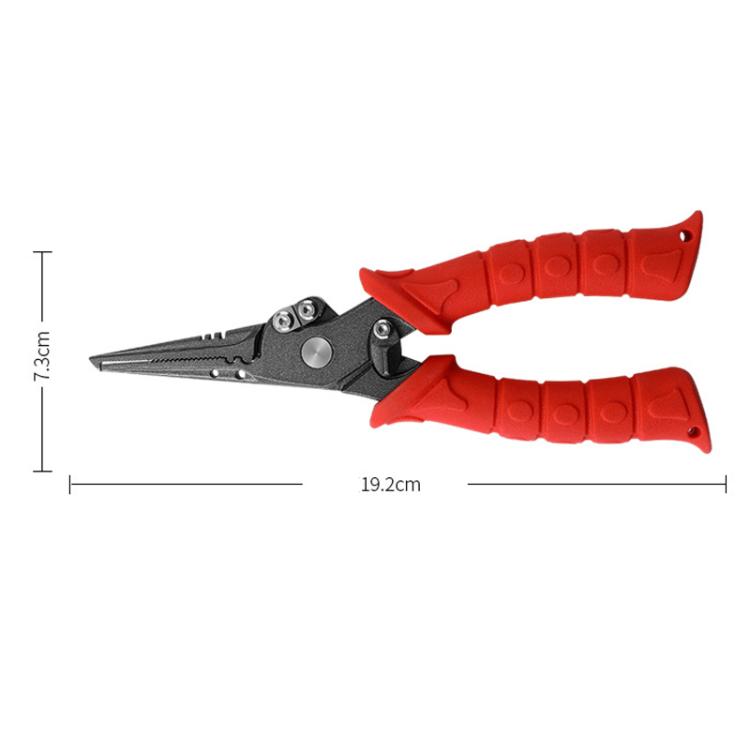 Red stainless steel lure fishing pliers with needle-nose jaws and textured grip handles