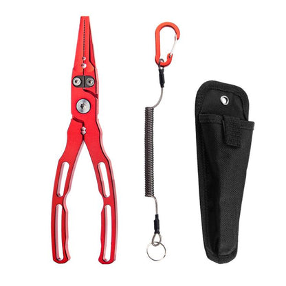 Red aluminum alloy fishing lure pliers with lanyard and black carrying pouch