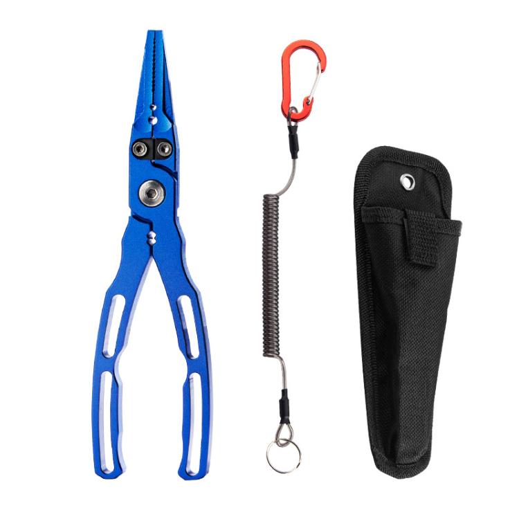 Blue aluminum alloy fishing lure pliers with lanyard and black carrying pouch