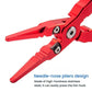 Red needle-nose fishing pliers close-up of metal jaws and pivot