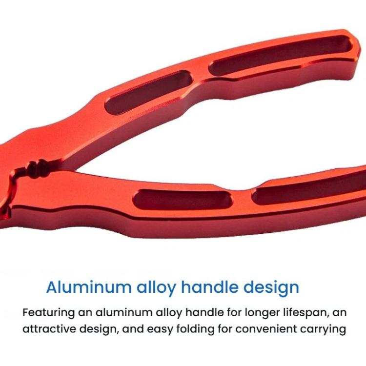 Red fishing lure pliers with aluminum alloy handle and open slots