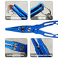 Blue fishing lure pliers with key ring and open connection ring