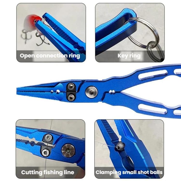Blue fishing lure pliers with key ring and open connection ring