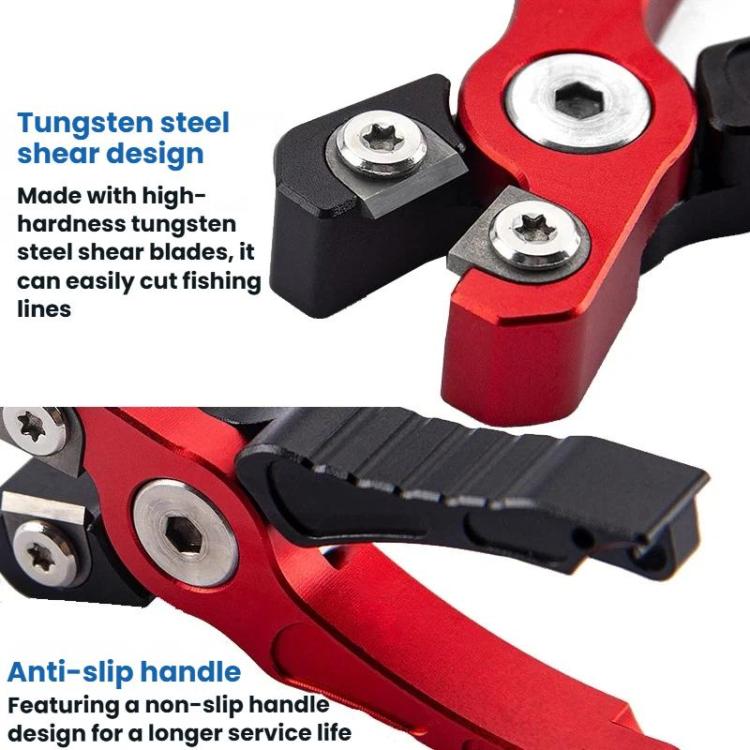 Fishing line cutter shears with red handle, black anti-slip grip, and metal blades