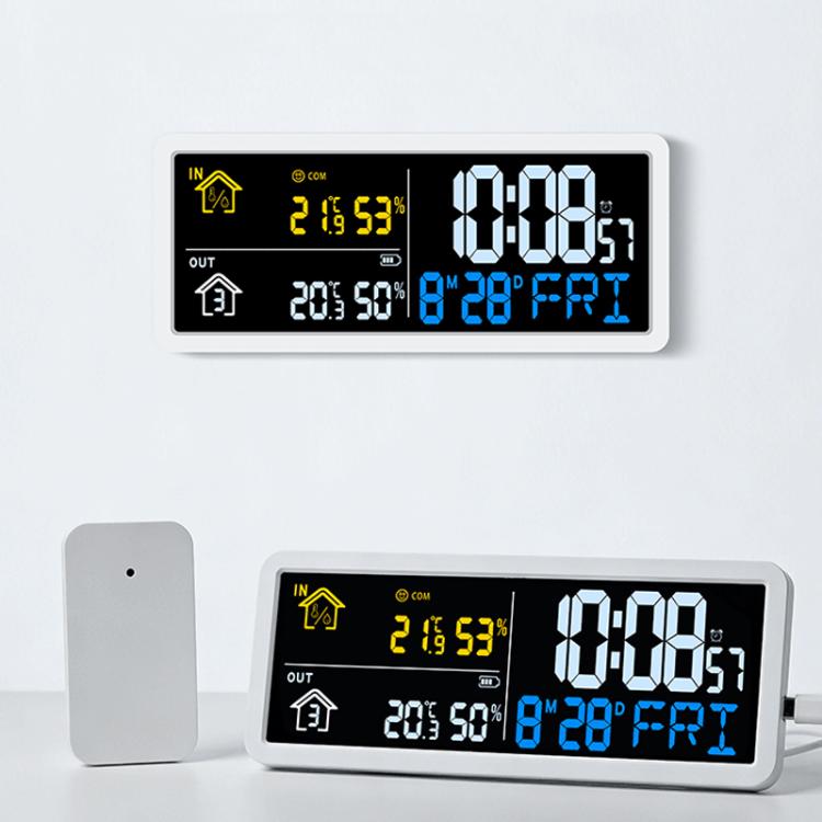 Digital wall clock weather station with indoor/outdoor readings on the LCD time display.