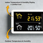 Digital wall clock weather station close-up showing indoor/outdoor temperature & humidity icons.