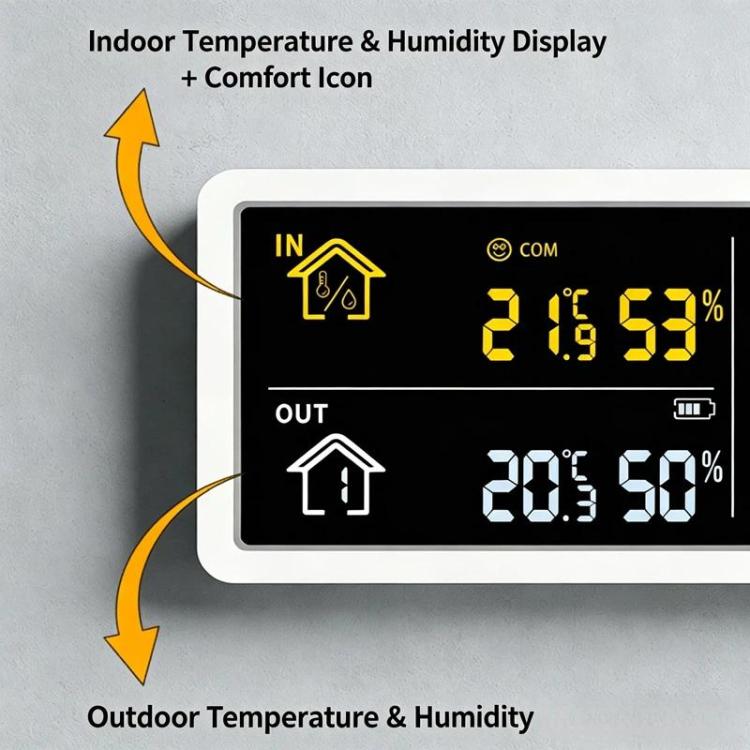 Digital wall clock weather station close-up showing indoor/outdoor temperature & humidity icons.