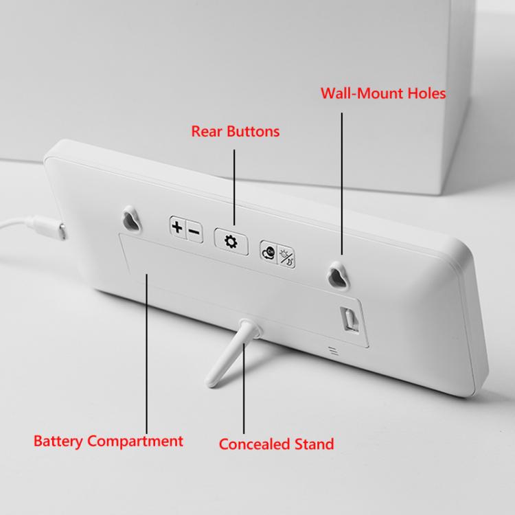 Digital wall clock weather station back with rear buttons, battery compartment, and wall-mount holes.