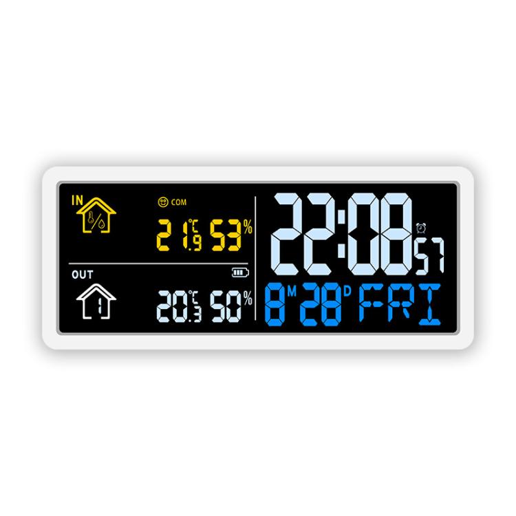 Digital wall clock weather station with LCD showing time, indoor humidity, and outdoor temperature.