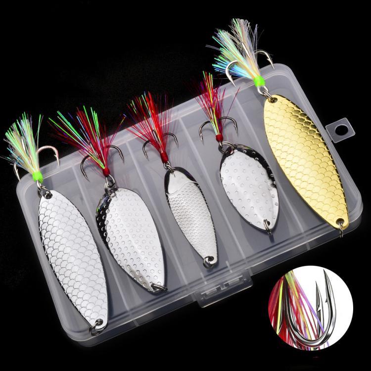 5-piece metal fishing spoon lure set with feather tails, silver and gold, in plastic case