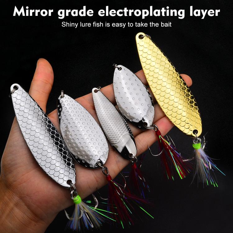 Fishing spoon lures with reflective silver and gold finishes and colorful feather hook