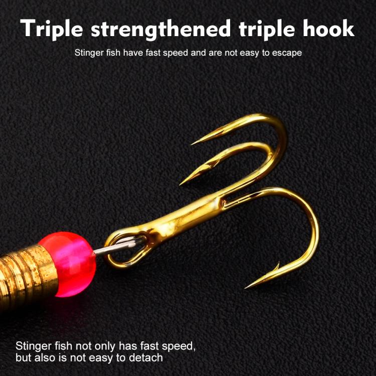 Treble-hook spinnerbait lure with red bead and gold lure body