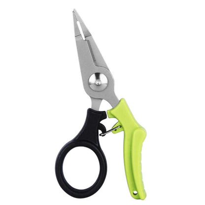 Mini fishing scissors/pliers with black loop handle and lime green grip, stainless blades