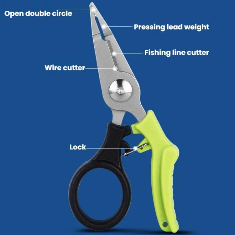 Fishing line cutting pliers with black loop grip and lime green handle, stainless steel tool