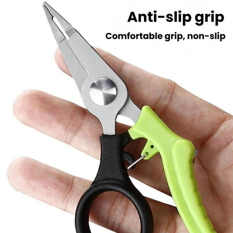 Mini fishing pliers with anti-slip lime green grip and black loop, stainless steel blades