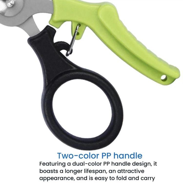 Two-color PP handle fishing pliers with lime green grip and black loop, stainless jaws
