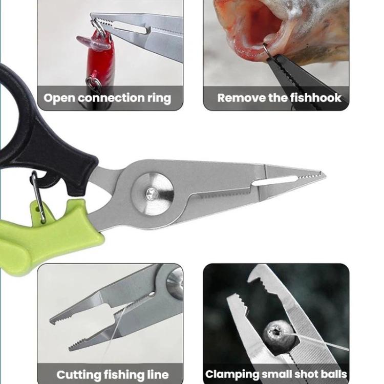 Fishing pliers with open ring and cutting jaws, lime green handle and black loop grip