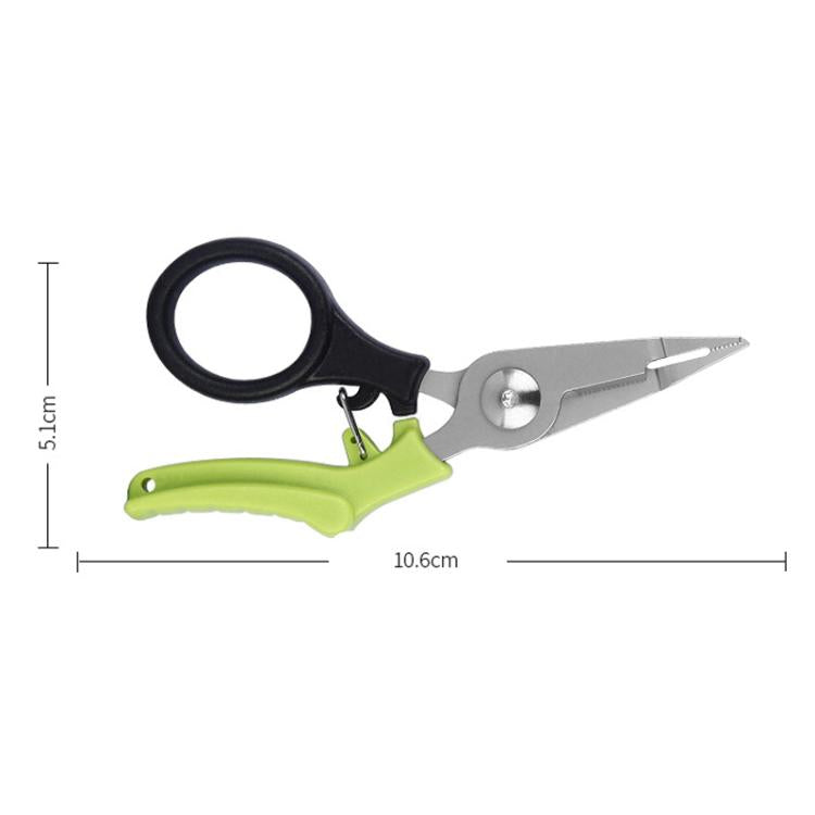 Fishing scissors/pliers with lime green handle, black loop grip, and long metal jaw tips