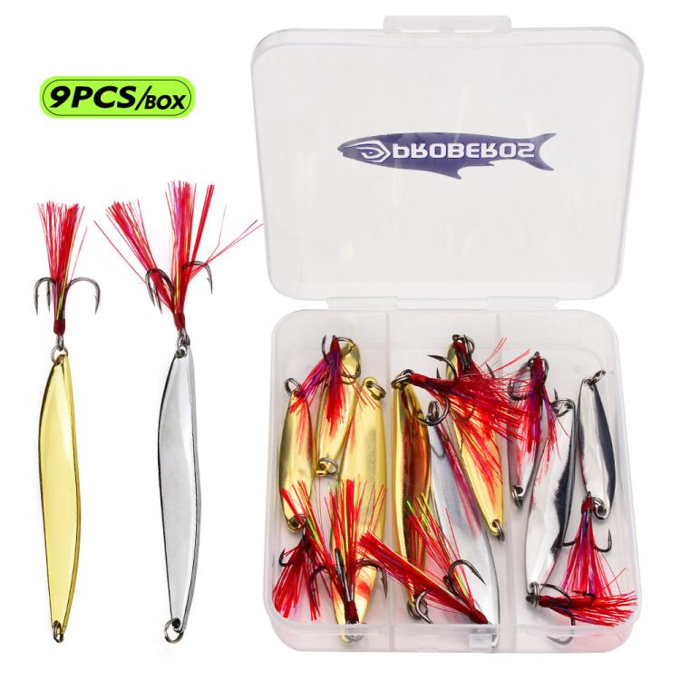 9-piece fishing spoon lure set in clear box: gold/silver spoons with red tinsel treble hooks